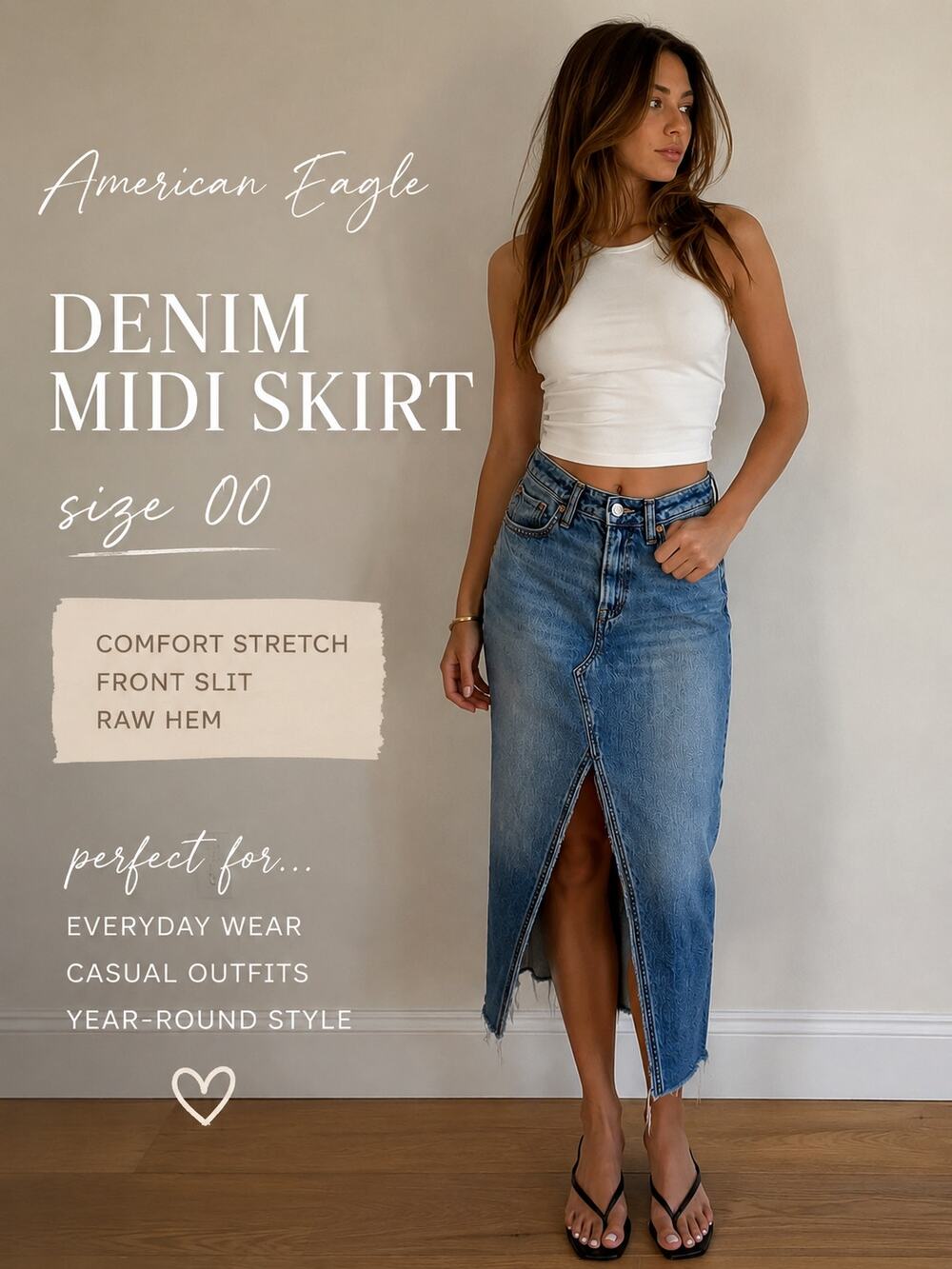 American Eagle Denim Midi Skirt Size 00 Blue Front Slit Raw Hem Y2K Capsule